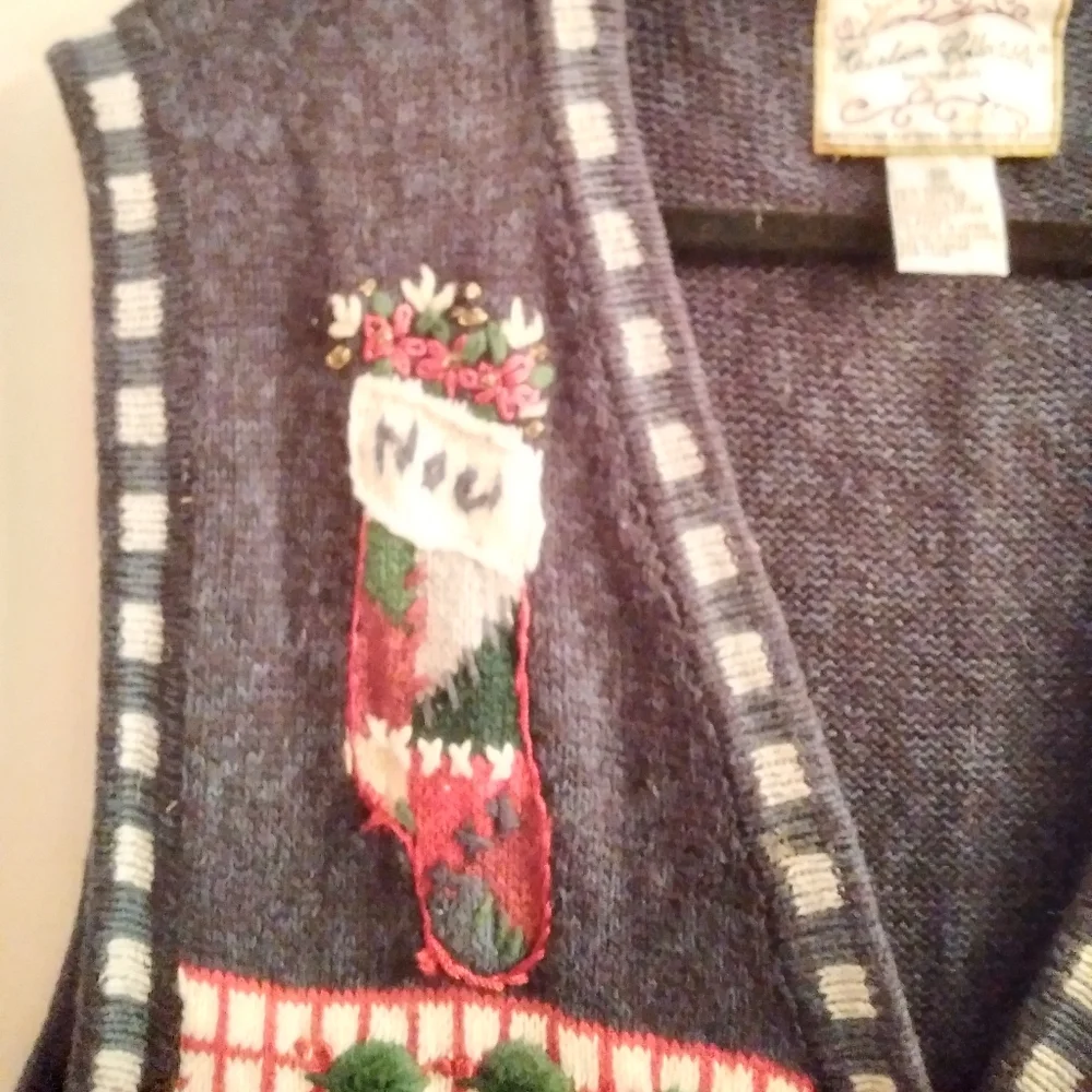 CHristmas vest Navy 3X Pre-owned Stocking Sleigh Poinsetta Embroidered … - Picture 3 of 14